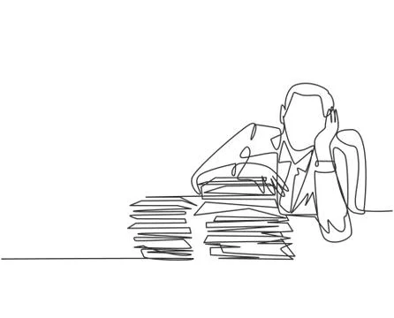 Single continuous line drawing of stressful manager facing pile of papers Stock Illustration