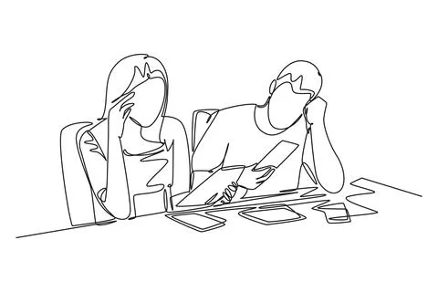 Single continuous line drawing stressful couple worker facing pile of docum.. Stock Illustration