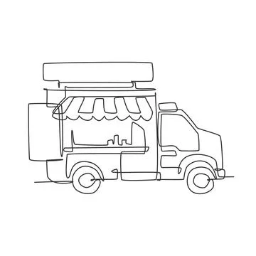 Single continuous line drawing of stylized food truck parking logo label Illustrazione stock