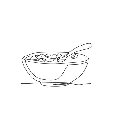 Single continuous line drawing of stylized bowl of cereal breakfast with milk Illustrazione stock