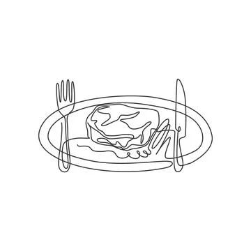 Single continuous line drawing of stylized rosemary steak on plate with knife Illustrazione stock