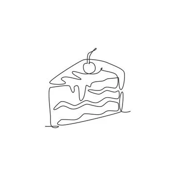 Single continuous line drawing of stylized cut sliced cake with cherry fruit Stock-Illustration