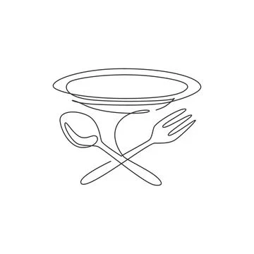 Single continuous line drawing stylized plate, fork and spoon for cafe logo 스톡 일러스트