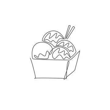 Single continuous line drawing of stylized Japanese takoyaki ball logo label Illustrazione stock