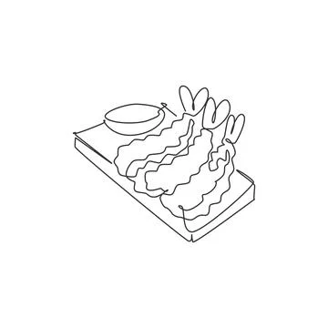 Single continuous line drawing of stylized crunchy Japan tempura logo label Illustrazione stock