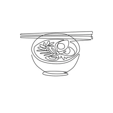 Single continuous line drawing of stylized Japanese ramen logo label. Emblem イラスト素材
