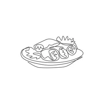 Single continuous line drawing of stylized Chinese spring roll on plate logo Stock Illustration