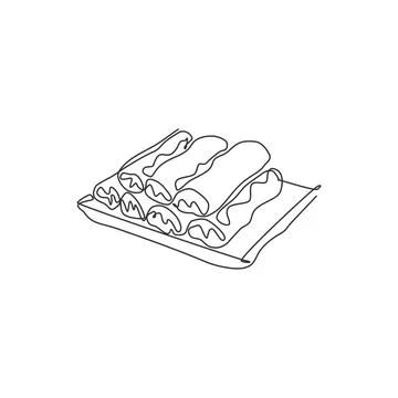 Single continuous line drawing of stylized Chinese spring roll logo label Stock Illustration