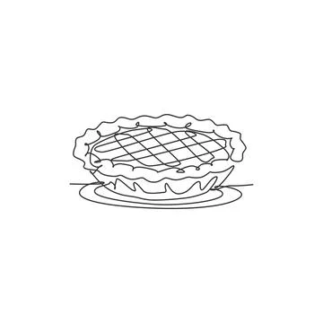 Single continuous line drawing of stylized delicious apple pie for cake logo Stock Illustration