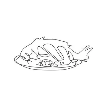Single continuous line drawing stylized baked grilled sea fish logo label Stock Illustration