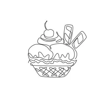 Single continuous line drawing of stylized ice cream cup with cherry topping Stock Illustration