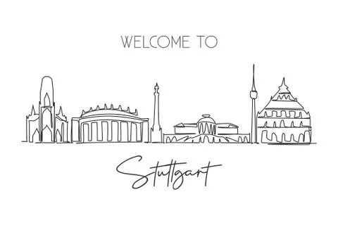 Single continuous line drawing of Suttgart city skyline, Germany Stock Illustration