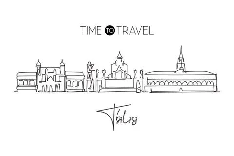 Single continuous line drawing of Tbilisi city skyline, Georgia. Famous city Stock Illustration