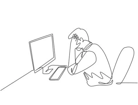 Single continuous line drawing of tired company worker covering his face Stock Illustration