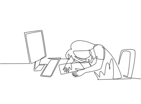 Single continuous line drawing of tired female employee sleeping on desk Illustrazione stock