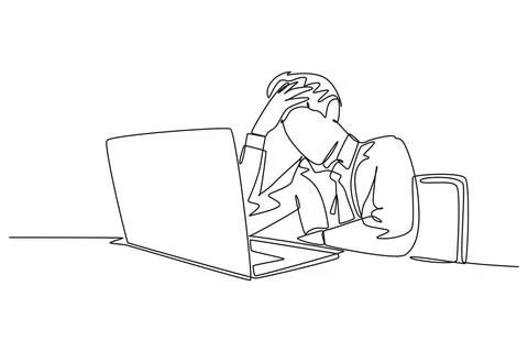 Single continuous line drawing tired office worker facing laptop screen. Bu.. Stock Illustration