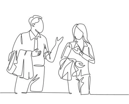 Single continuous line drawing of two young happy male and female workers Stock Illustration