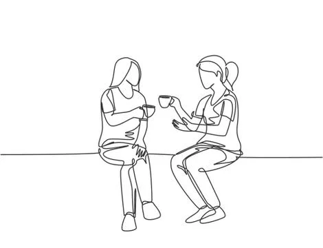 Single continuous line drawing of two young female worker have a casual chat Stock Illustration
