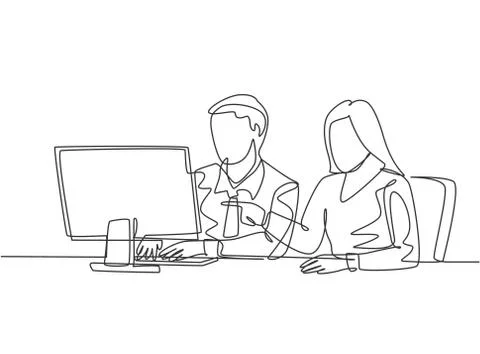 Single continuous line drawing of two young serious male and female worker Stock Illustration