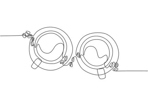 Single continuous line drawing of two cups of coffee with coffee beans Illustrazione stock