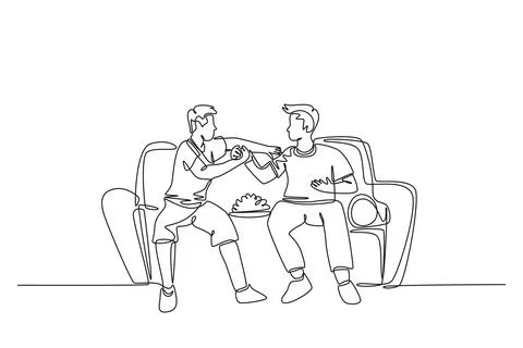 Single continuous line drawing of two young men soccer fans club handshakin.. 스톡 일러스트