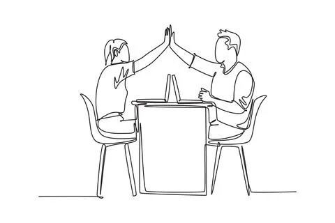 Single continuous line drawing two young happy couple man and woman work at.. Stock Illustration