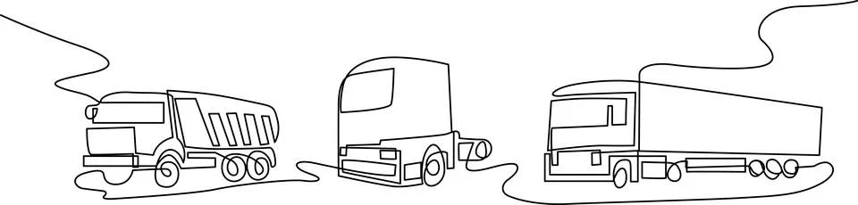 Single continuous line drawing of various commercial trucks for transport a.. Illustrazione stock