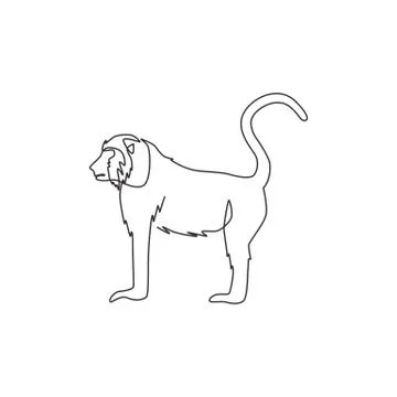 Single continuous line drawing of walking baboon for national zoo logo Illustrazione stock