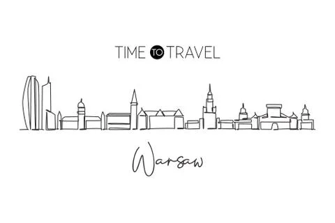 Single continuous line drawing Warsaw city skyline, Poland. Famous skyscraper Illustrazione stock