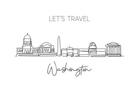 Single continuous line drawing of Washington city skyline, USA. Famous city Stock Illustration
