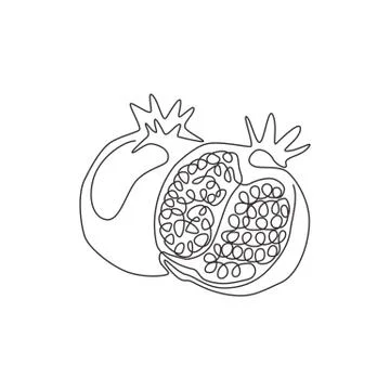 Single continuous line drawing of whole and half sliced healthy pomegranate Stock Illustration