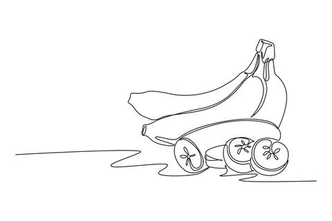 Single continuous line drawing whole and sliced of healthy organic banana f.. Stock Illustration