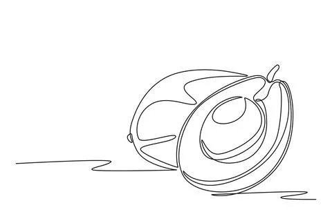 Single continuous line drawing of whole and sliced healthy organic avocado .. イラスト素材