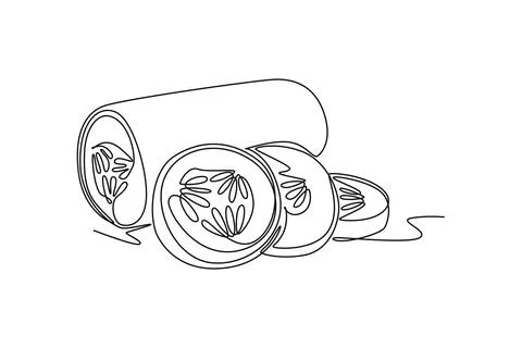 Single continuous line drawing whole and sliced healthy organic cucumber fo.. Stock Illustration