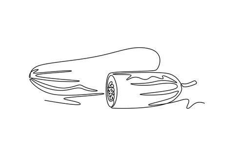 Single continuous line drawing whole and sliced healthy organic cucumber fo.. Stockillustratie