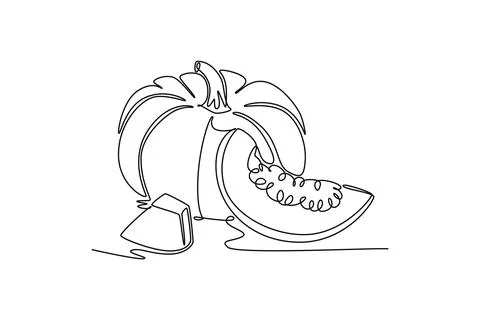Single continuous line drawing whole round and sliced healthy organic pumpk.. Stock Illustration