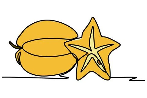 Single continuous line drawing of  yellow star fruits. Stock Illustration