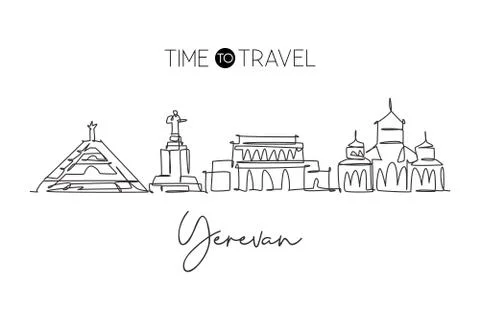 Single continuous line drawing of Yerevan city skyline, Armenia. Famous city Stock Illustration