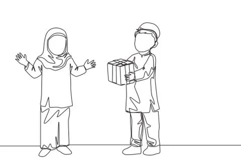 Single continuous line drawing of young muslim boy giving a present gift Illustrazione stock