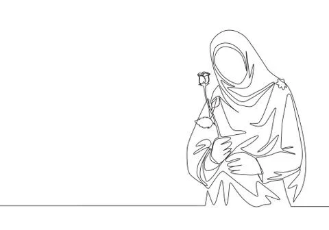Single continuous line drawing of young happy cute muslimah with headscarf Stock Illustration