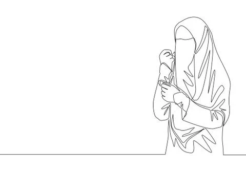 Single continuous line drawing of young beauty Asian muslimah wearing burqa Illustrazione stock