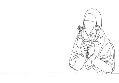 Single continuous line drawing of young saudi arabian muslimah wearing niqab Stock Illustration