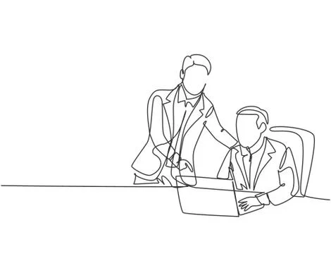 Single continuous line drawing of young manager discussing work plan 스톡 일러스트