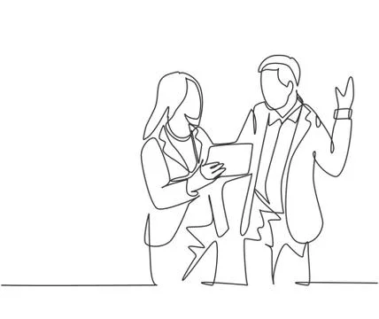 Single continuous line drawing of young male and female managers discussing Stock Illustration