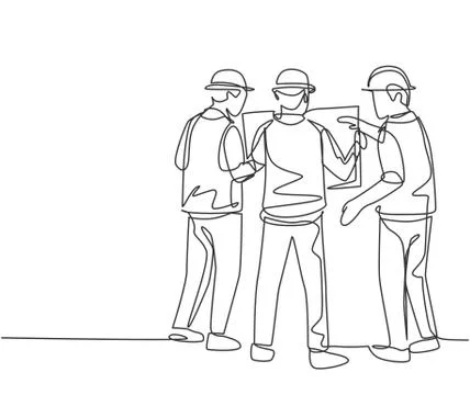 Single continuous line drawing of young architect and foreman brainstorming Illustrazione stock