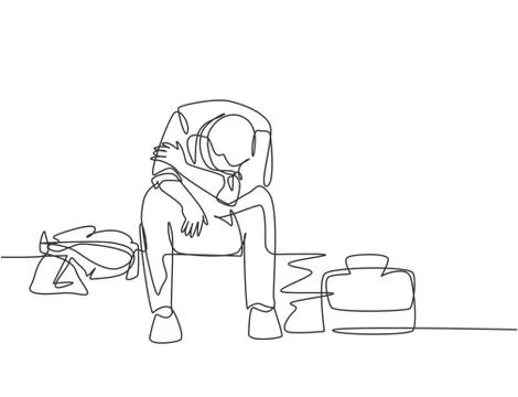 Single continuous line drawing of young depressed male manager bowed limply Illustrazione stock