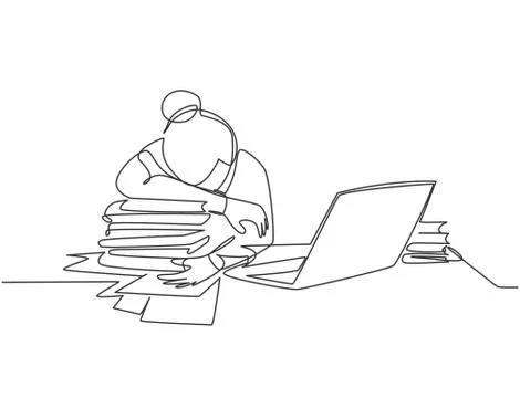 Single continuous line drawing of young tired female employee sleeping Stockillustratie