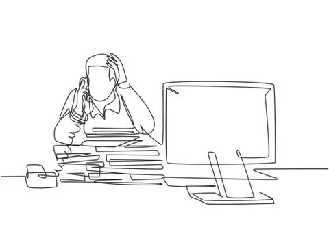 Single continuous line drawing of young bored worker receiving phone call Stock Illustration