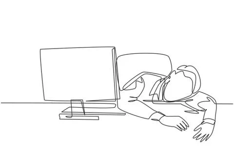 Single continuous line drawing of young sleepy startup CEO fall asleep Stock Illustration