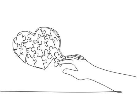 Single continuous line drawing of young happy woman put the puzzle pieces Stock Illustration
